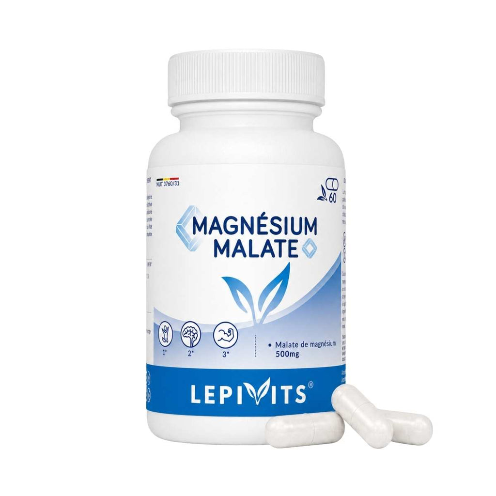 Vue de face du flacon Malate de magnésium Lepivits 60 gélules sur fond blanc, avec trois capsules posées devant.