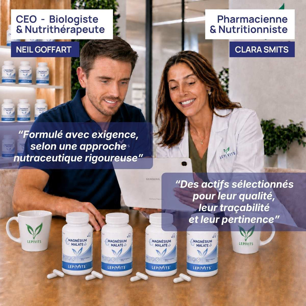 Biologiste et pharmacienne nutritionniste examinent plusieurs flacons de Malate-de-magnesium Lepivits, formule validée en laboratoire.