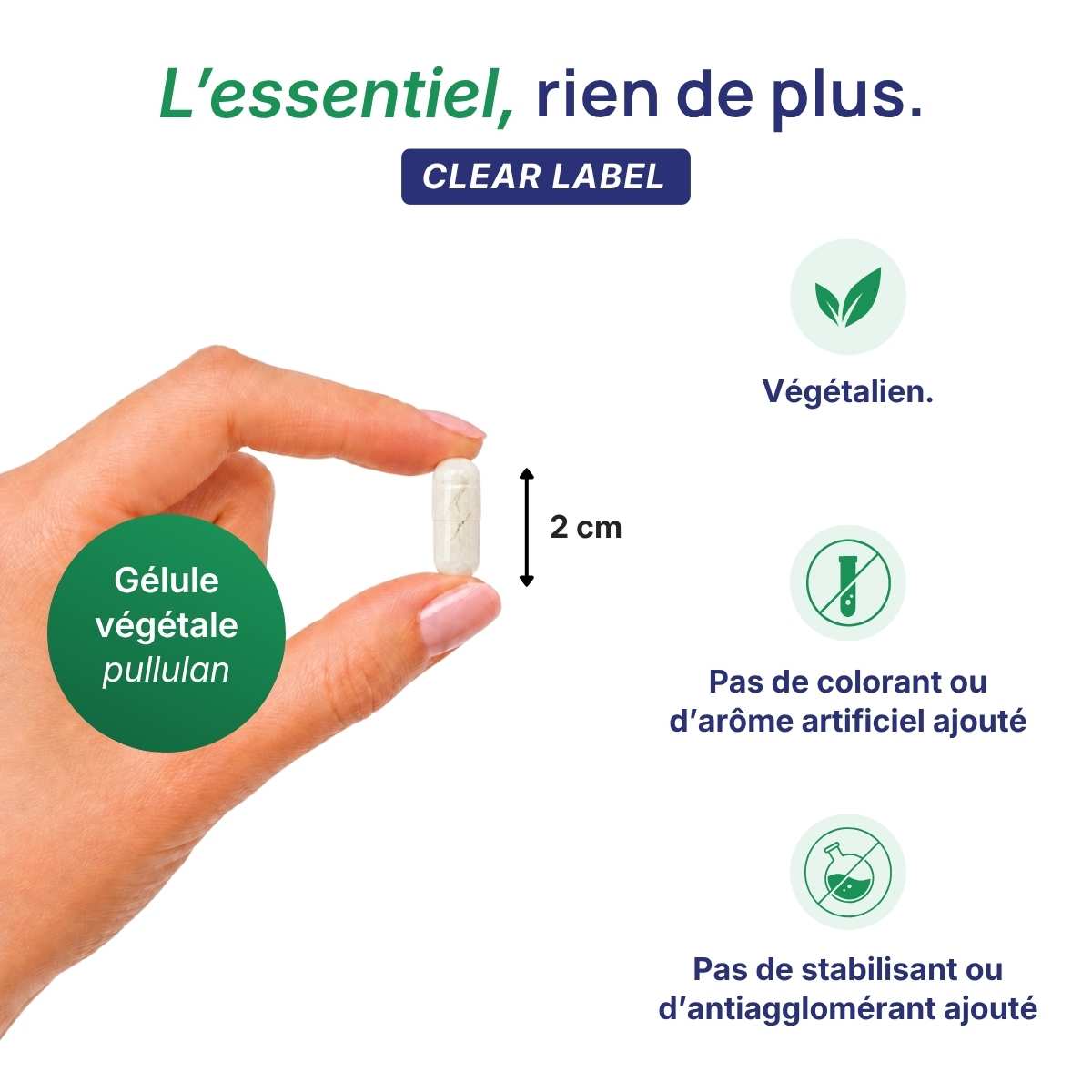 Main tenant une gélule végétale Malate de magnésium Lepivits en pullulan de 2 cm, formule clear label sans colorant ni additif, végétariens.