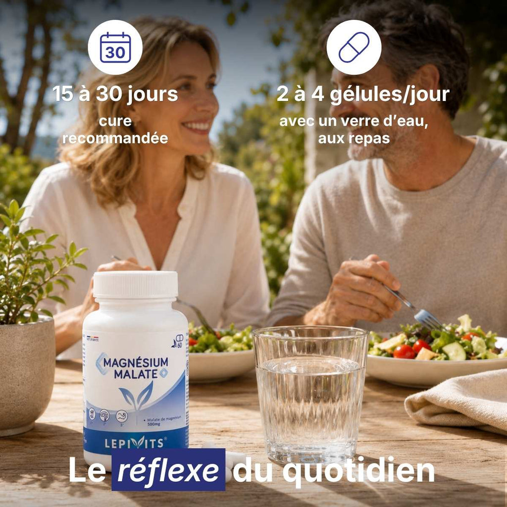 Flacon Malate de magnésium Lepivits sur table avec verre d'eau, posologie 2 à 4 gélules par jour pour une cure de 15 à 30 jours. 