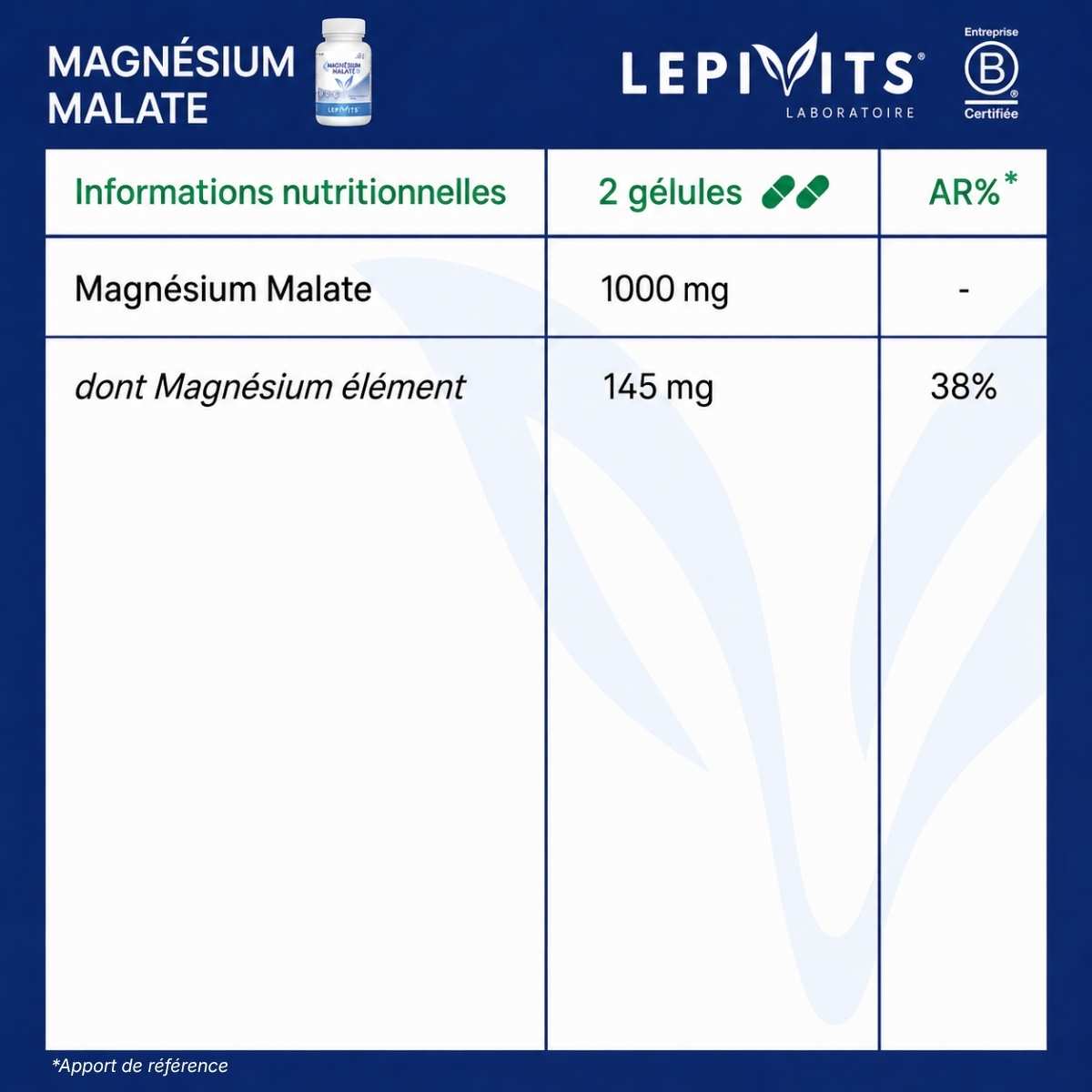 Tableau des informations nutritionnelles Malate-de-magnesium Lepivits : 1000mg magnésium malate par 2 gélules.