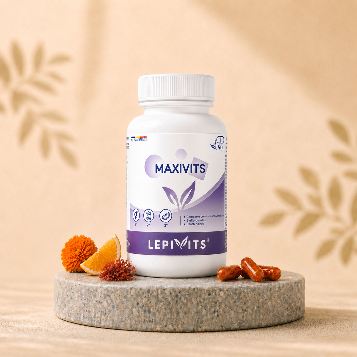 Flacon de Maxivits Lepivits, complément de multivitamine, avec gélules végétales pullulan.