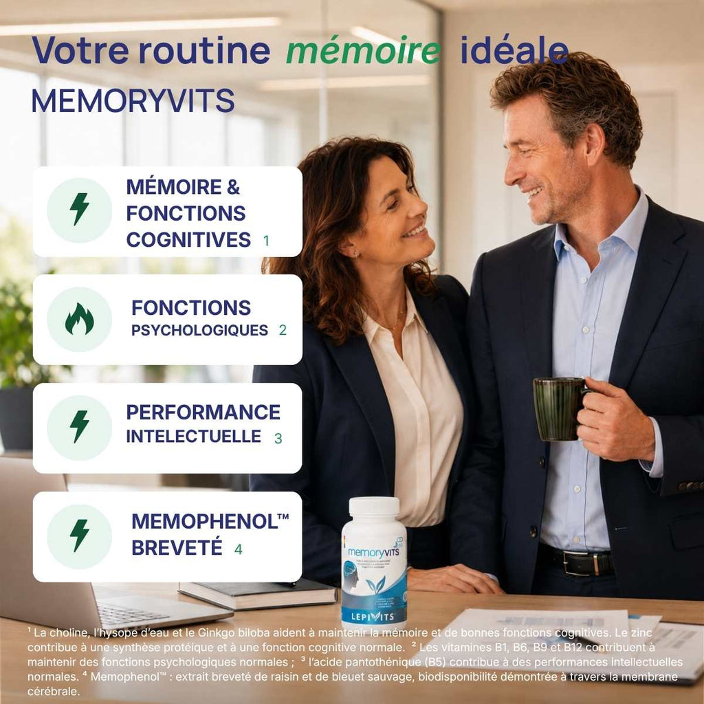 Memoryvits Lepivits : 4 bienfaits (mémoire et fonctions cognitives, fonctions psychologiques, performance intellectuelle, memophenol breveté).