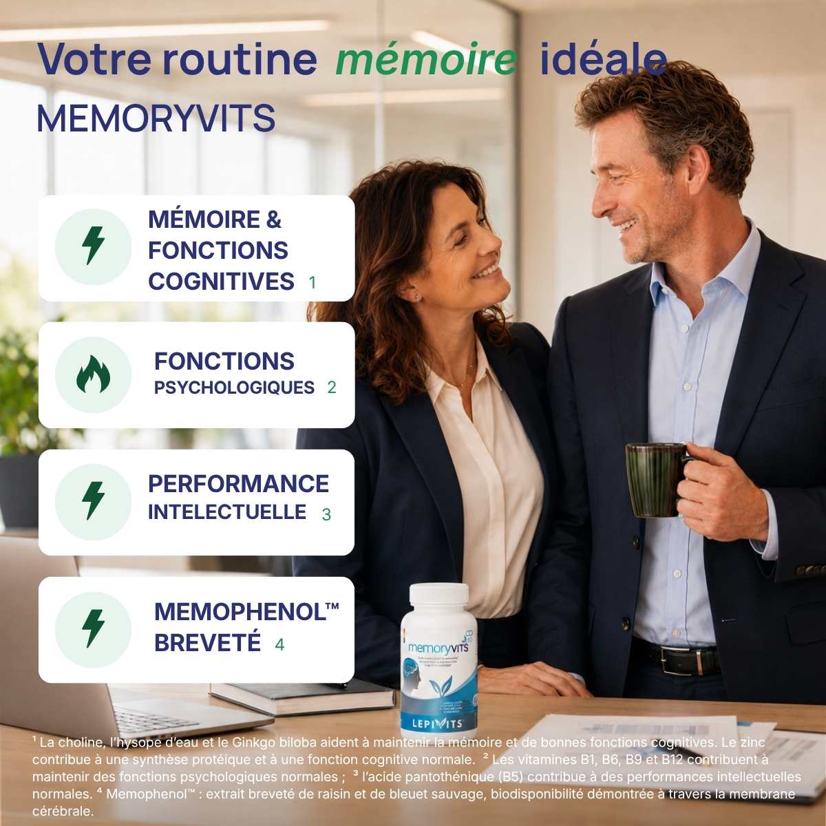 Memoryvits Lepivits : 4 bienfaits (mémoire et fonctions cognitives, fonctions psychologiques, performance intellectuelle, memophenol breveté).