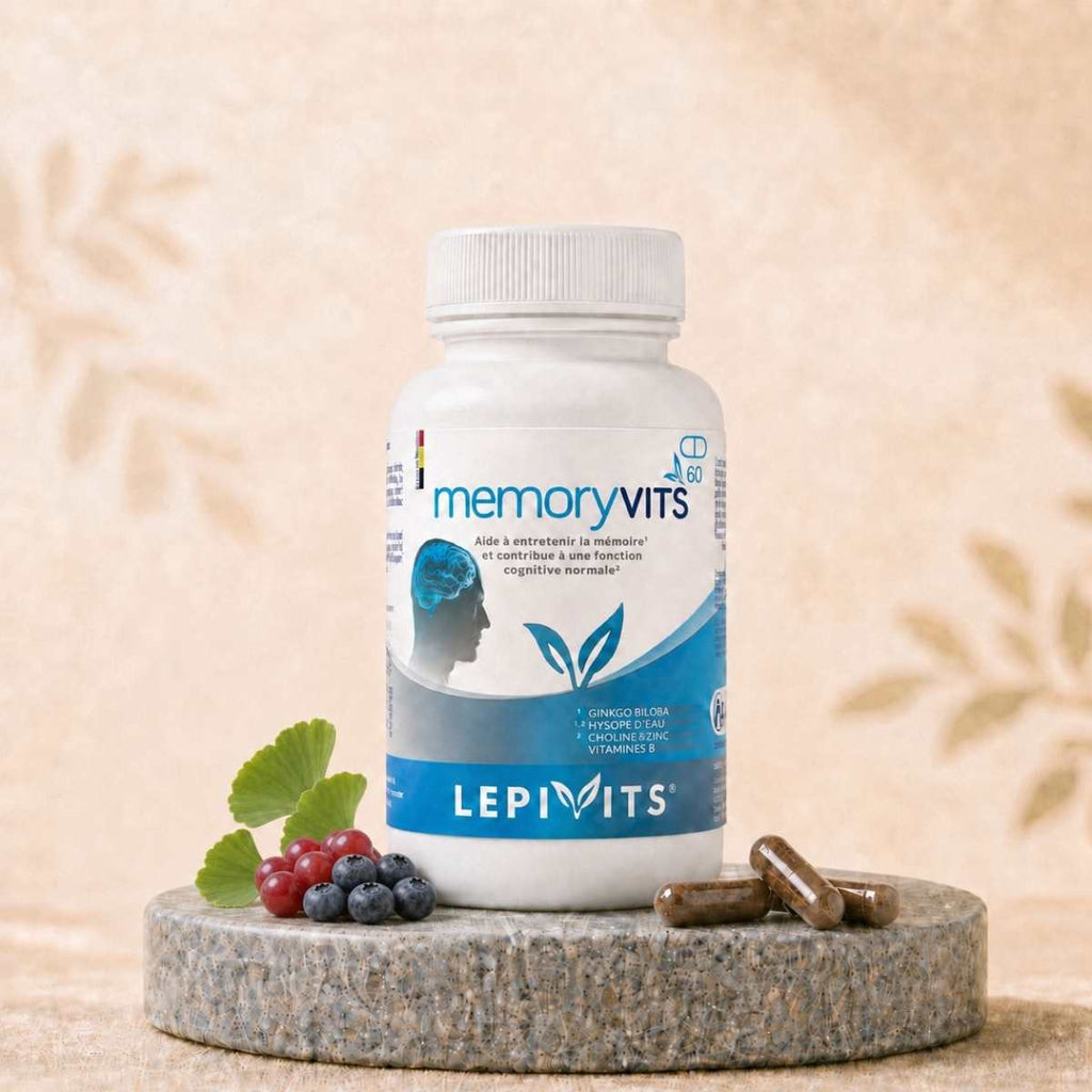 Flacon de Memoryvits Lepivits, complément mémoire et cognition accompagnées, avec gélules végétales pullulan.