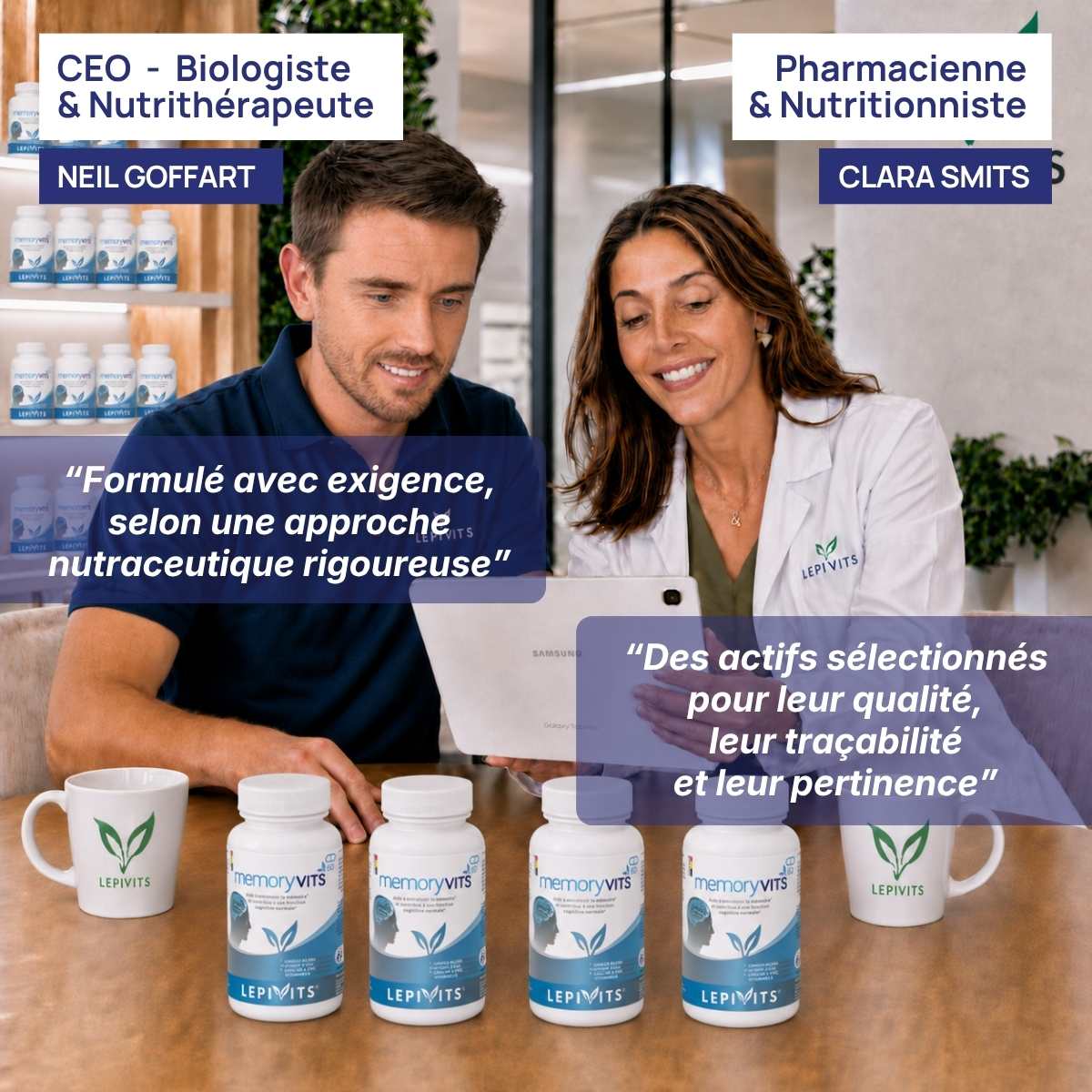 Biologiste et pharmacienne nutritionniste examinent plusieurs flacons de Memoryvits Lepivits, formule validée en laboratoire.