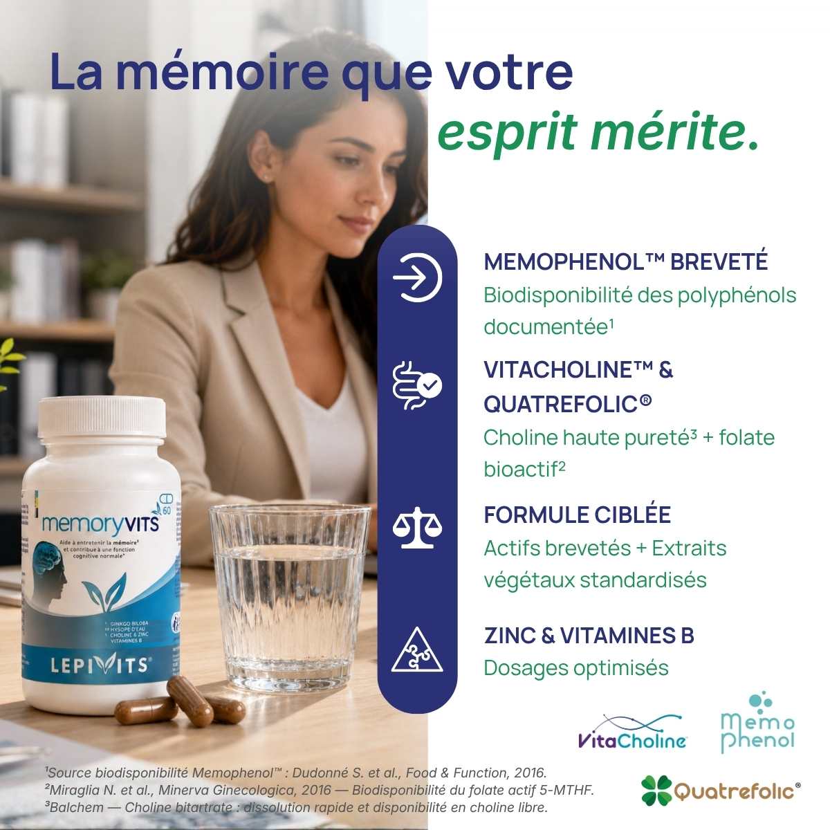 Femme avec le flacon Memoryvits Lepivits sur son bureau