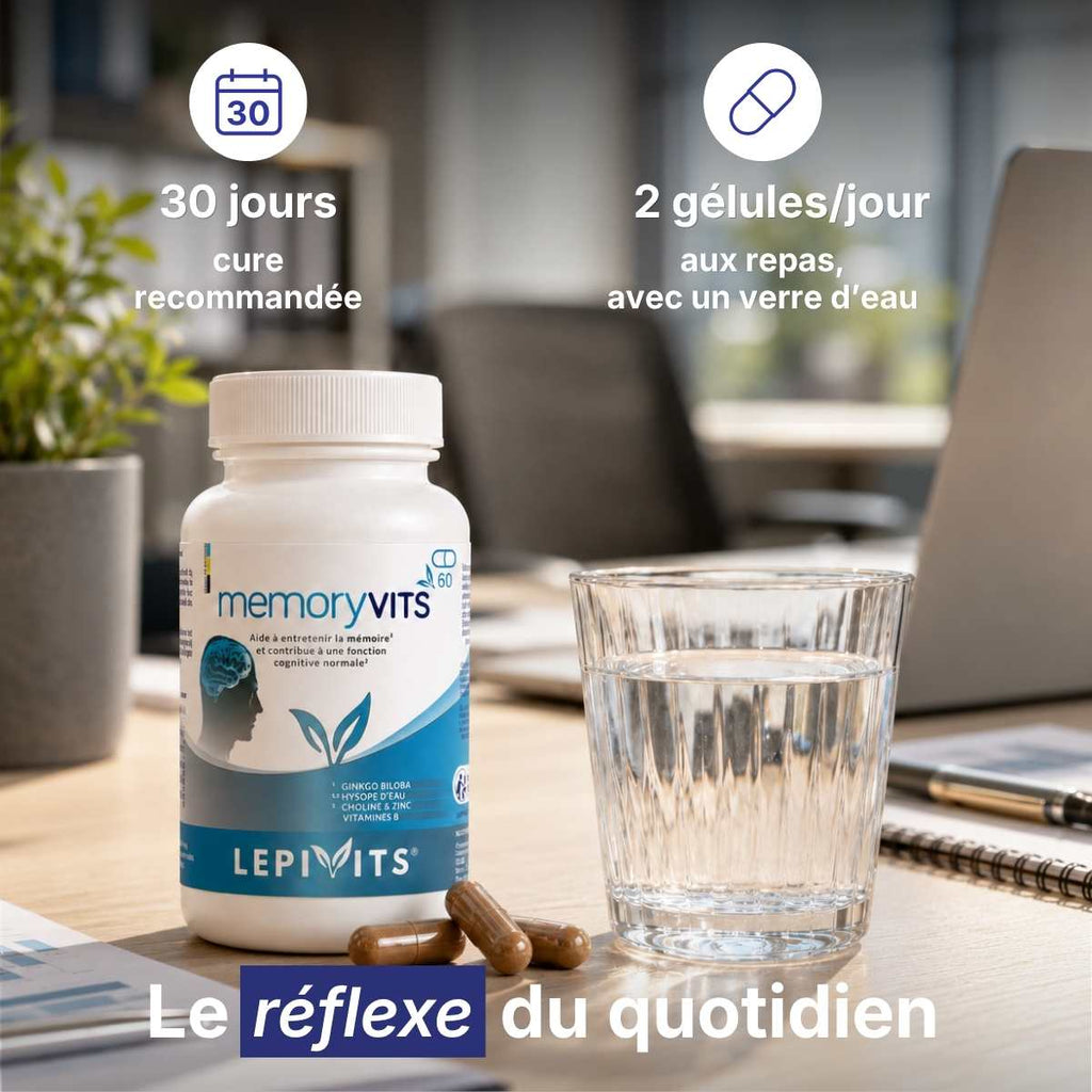 Flacon Memoryvits Lepivits sur table avec verre d'eau, posologie 2 gélules par jour pour une cure de 30 jours. 