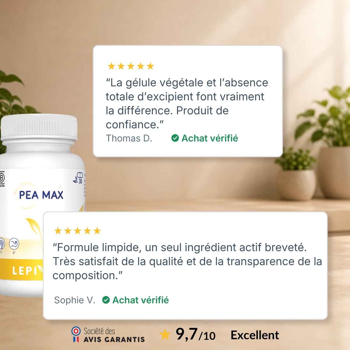 Flacon PEA Max Lepivits entouré d'avis clients vérifiés 5 étoiles, note globale 9,7/10 sur la qualité du magnésium.