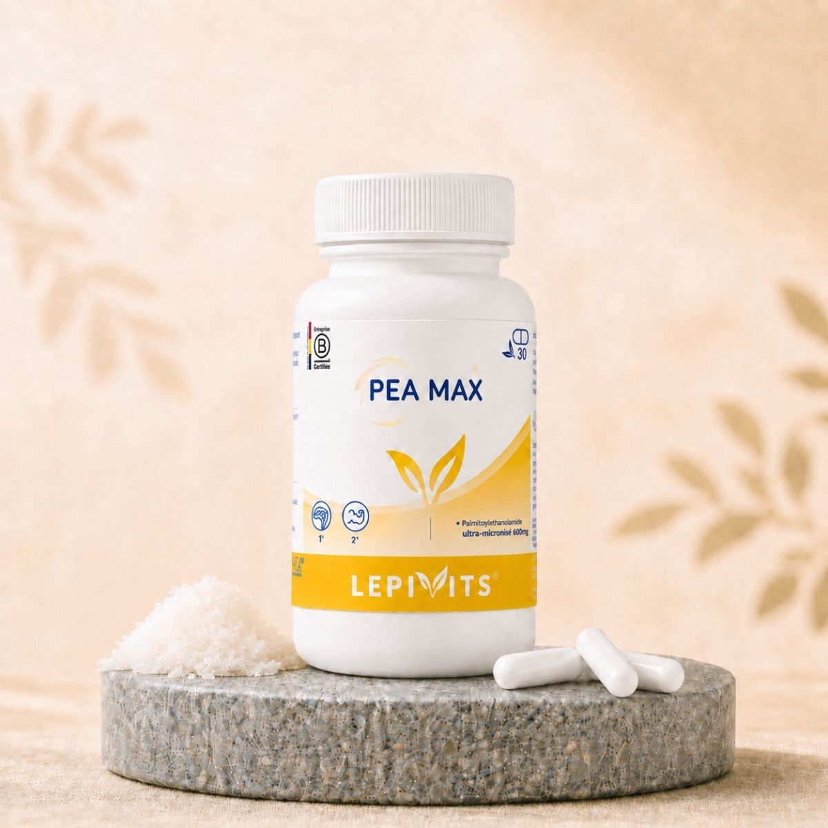 Flacon de PEA Max Lepivits, complément de PEA breveté OptiPEA® avec gélules végétales pullulan.