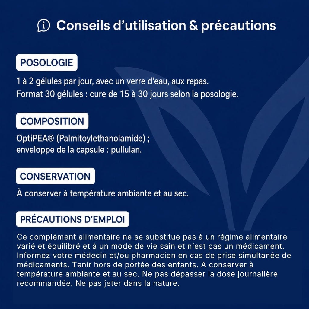 Conseils d'utilisation et précautions PEA Max Lepivits : posologie, précaution, conservation et mises en garde.