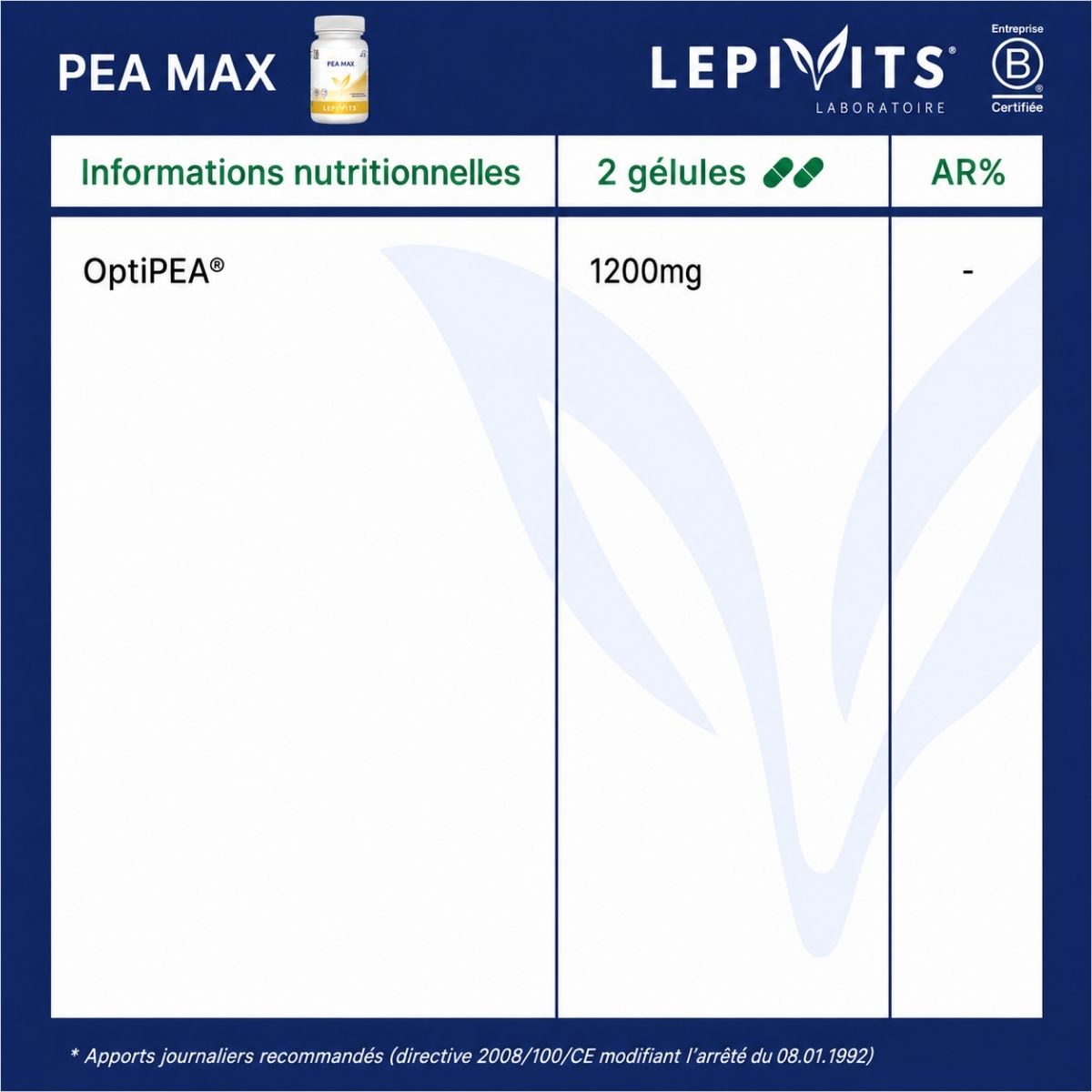 Tableau des informations nutritionnelles PEA Max Lepivits : 1200 mg OptiPEAA® par 2 gélules.