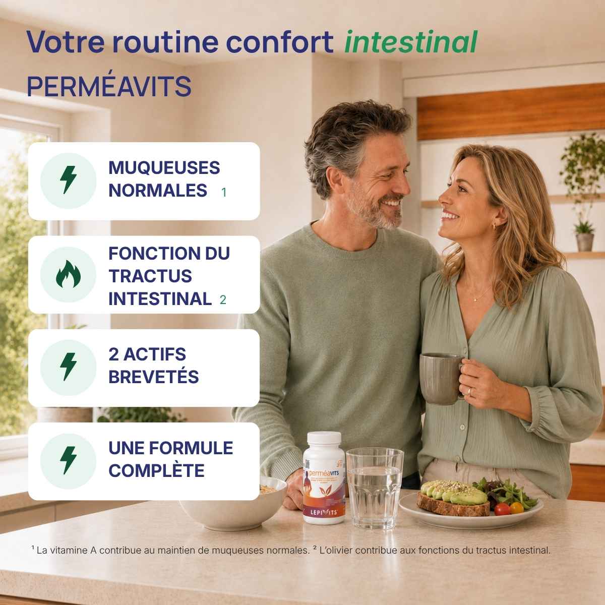 Perméavits Lepivits : 4 bienfaits (muqueuses, intestins, actif brevetés, formule complète) avec couple en forme au petit-déjeuner.