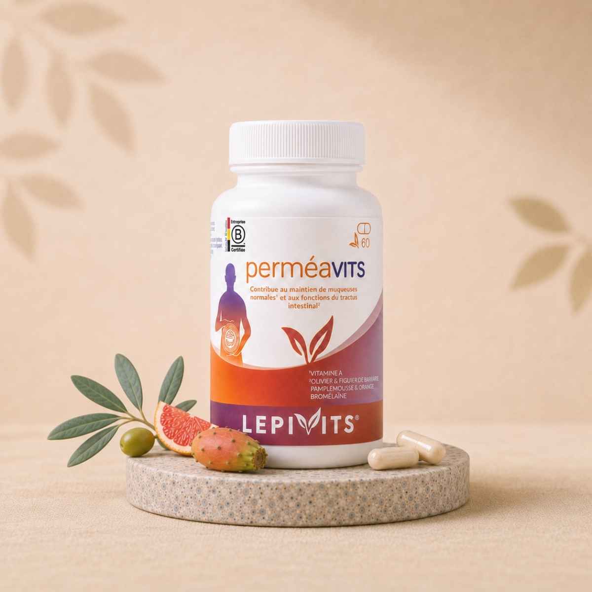 Flacon de Perméavits Lepivits, complément d'extrait de pamplemousse et d'orange ainsi que de broméliane, avec gélules végétales pullulan.