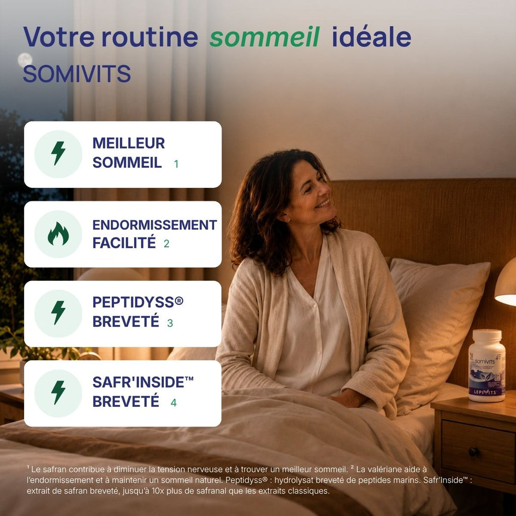 Somivits Lepivits : 4 bienfaits (meilleur sommeil, endormissement facilité, peptudyss breveté, safr'inside breveté.)