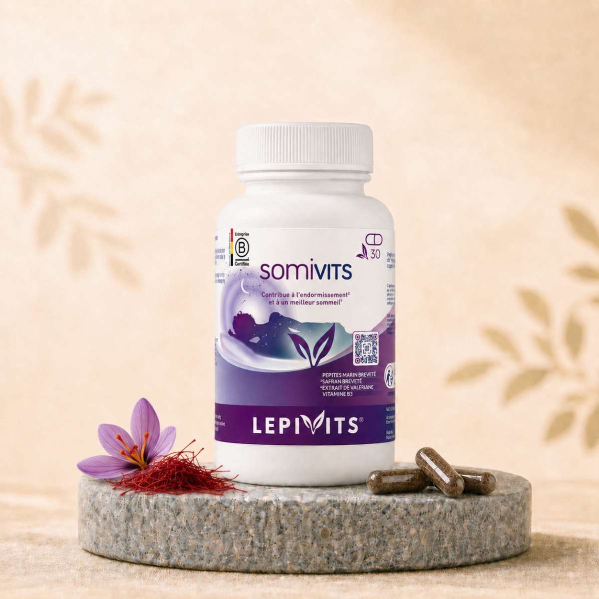 Flacon de Somivits Lepivits, complément de Peptidyss® + Safr’Inside™ & valériane avec gélules végétales pullulan.
