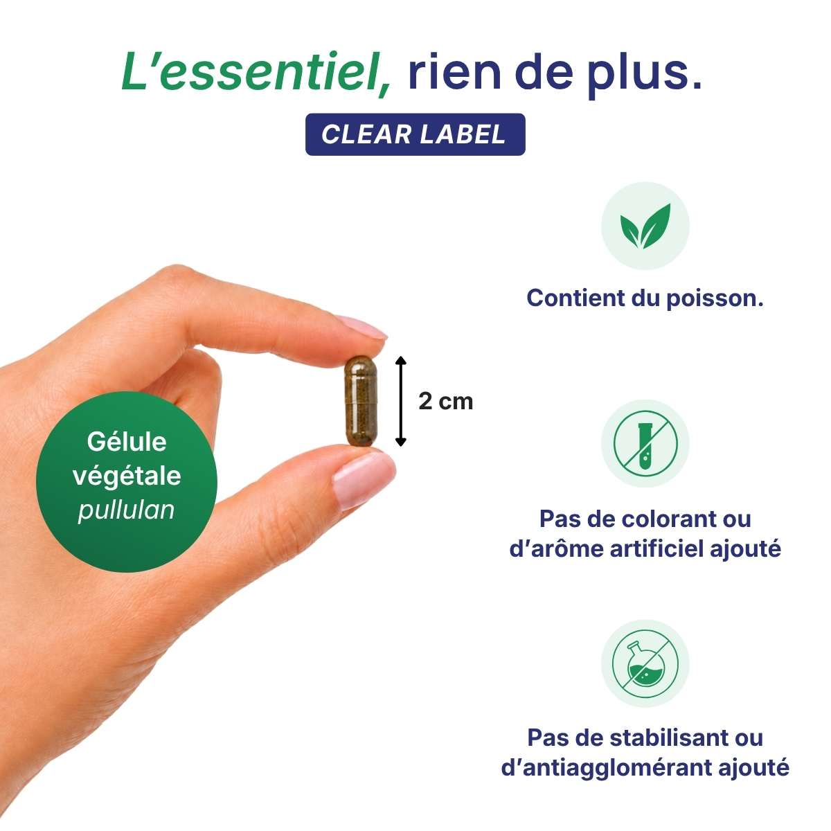 Main tenant une gélule végétale Somivits Lepivits en pullulan de 2 cm, formule clear label sans colorant ni additif, végétariens.