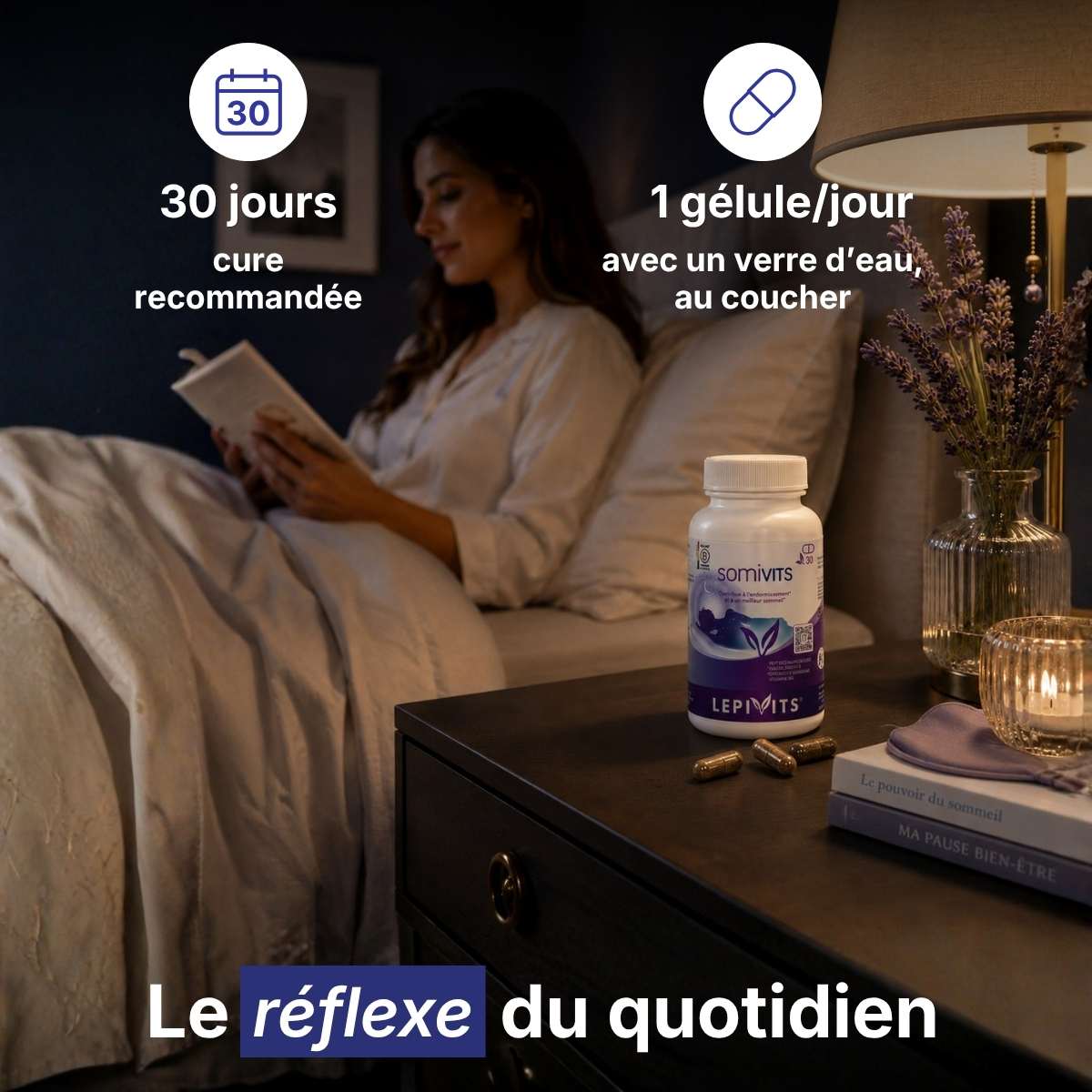 Flacon Somivits Lepivits sur table avec verre d'eau, posologie 1 gélule par jour pour une cure de 30 jours. 