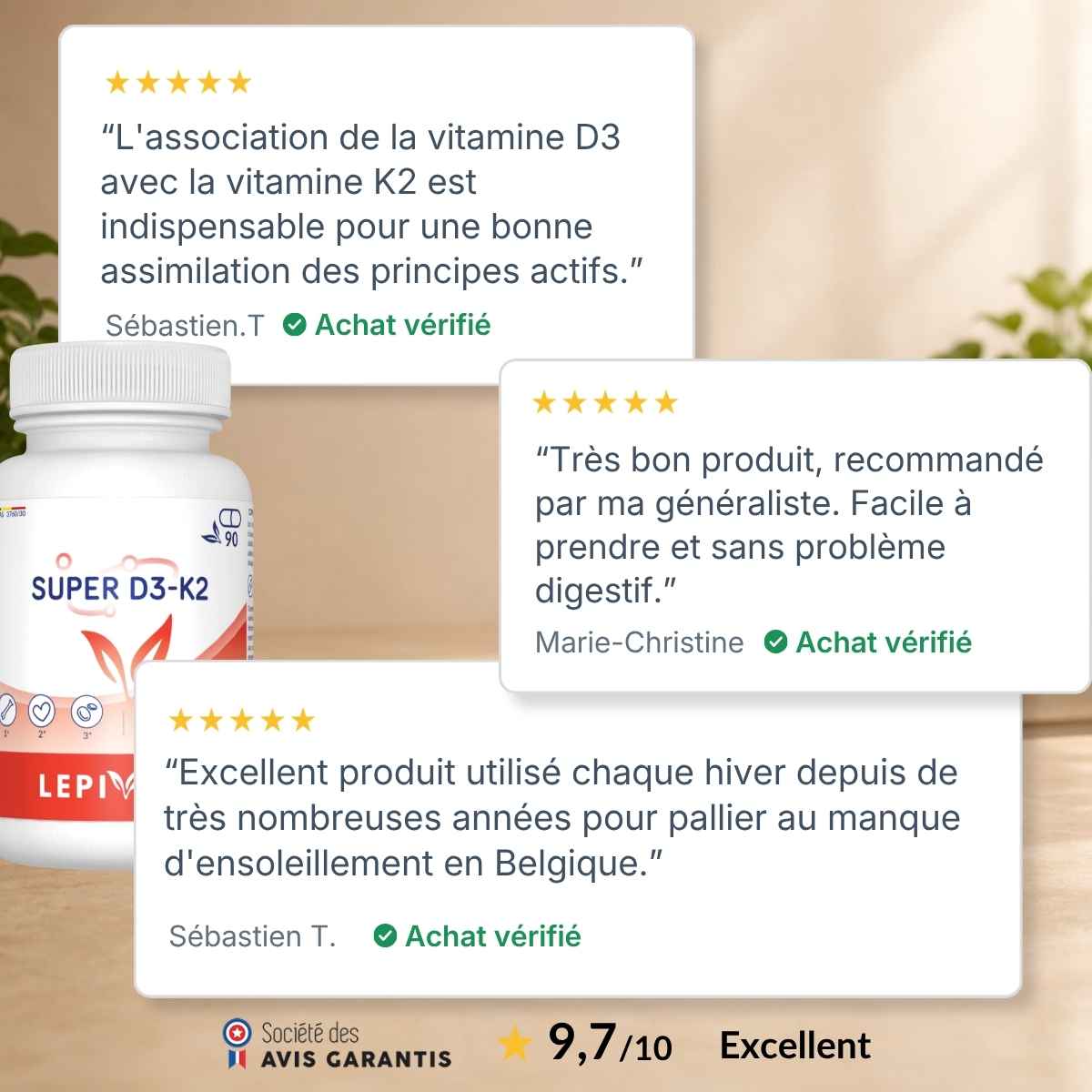 Flacon Super D3+K2 Lepivits entouré d'avis clients vérifiés 5 étoiles, note globale 9,7/10.