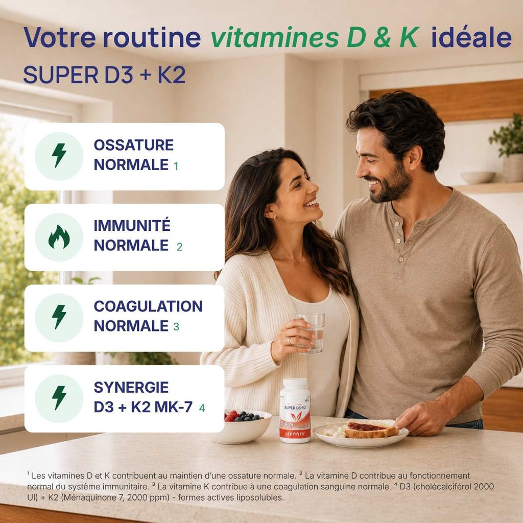 Super D3+K2 Lepivits : ossature normale, immunité normale, coagulation normale, synergie D3+K2 mk-7