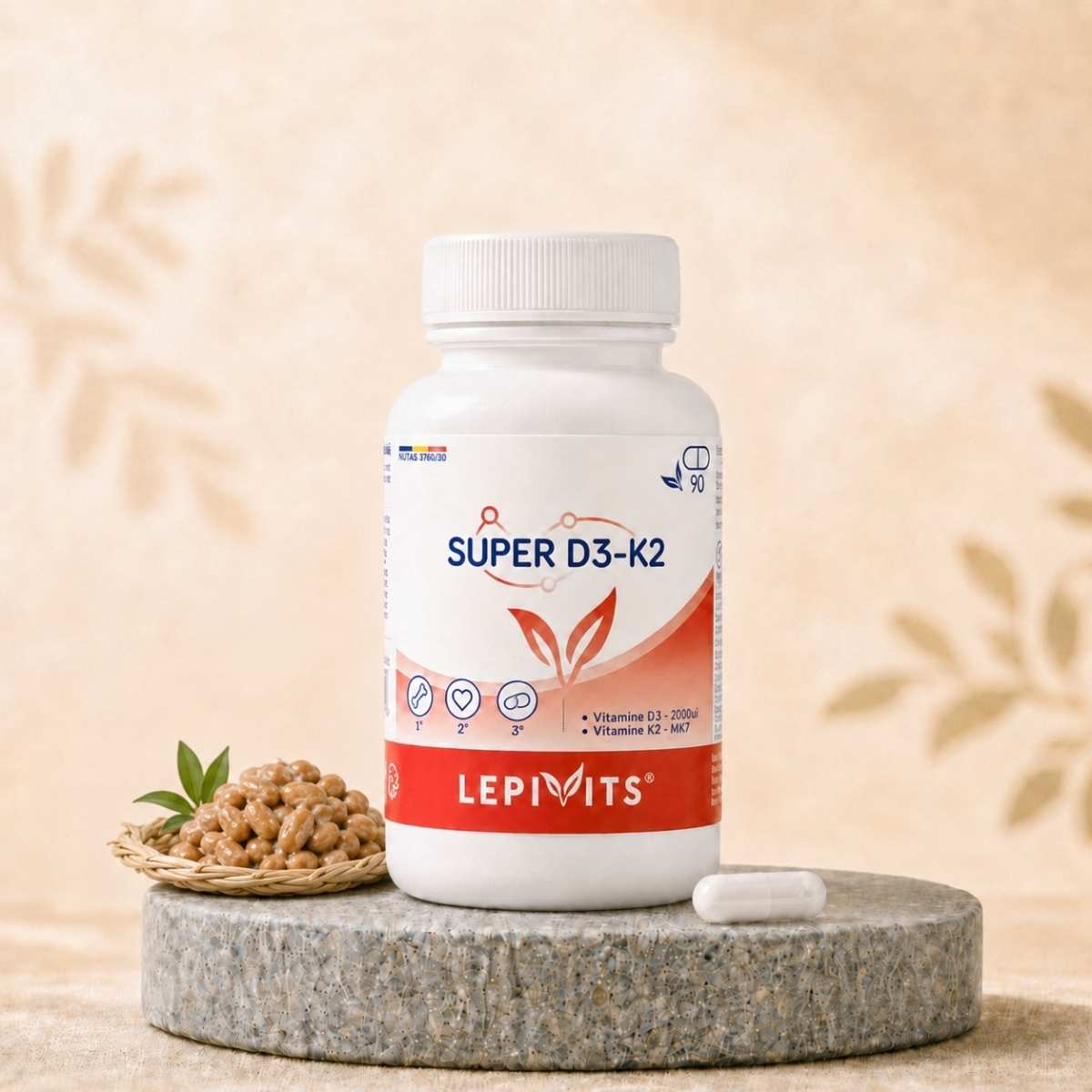 Flacon de Super D3+K2 Lepivits, Synergie de vitamines D3 2000 UI + K2 MK-7, avec gélules végétales pullulan.