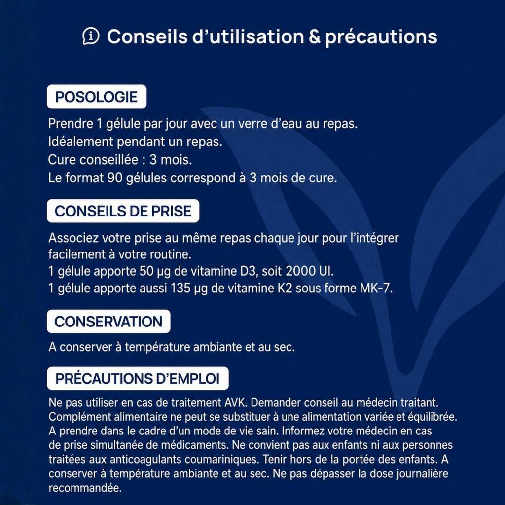 Conseils d'utilisation et précautions Super D3+K2 Lepivits : posologie, précaution, conservation et mises en garde.