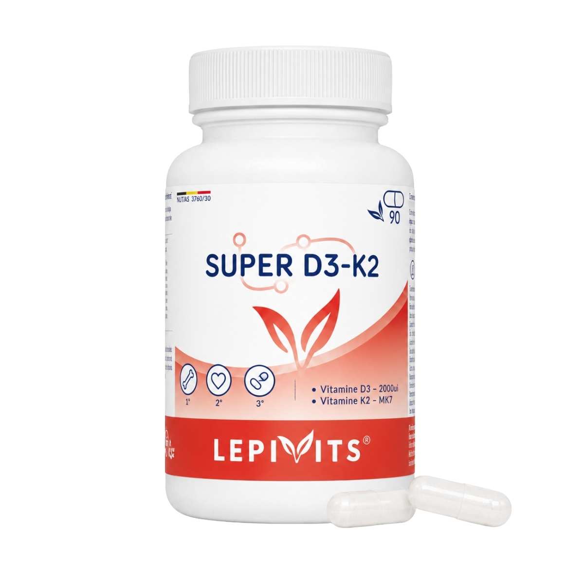 Vue de face du flacon Super D3+K2 Lepivits 90 gélules sur fond blanc, avec trois capsules posées devant.