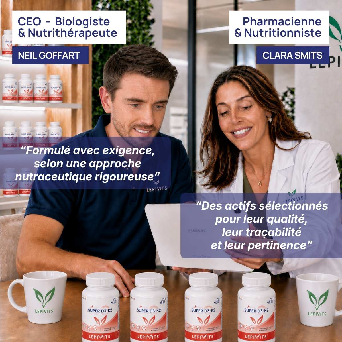 Biologiste et pharmacienne nutritionniste examinent plusieurs flacons de Super D3+K2 Lepivits, formule validée en laboratoire.