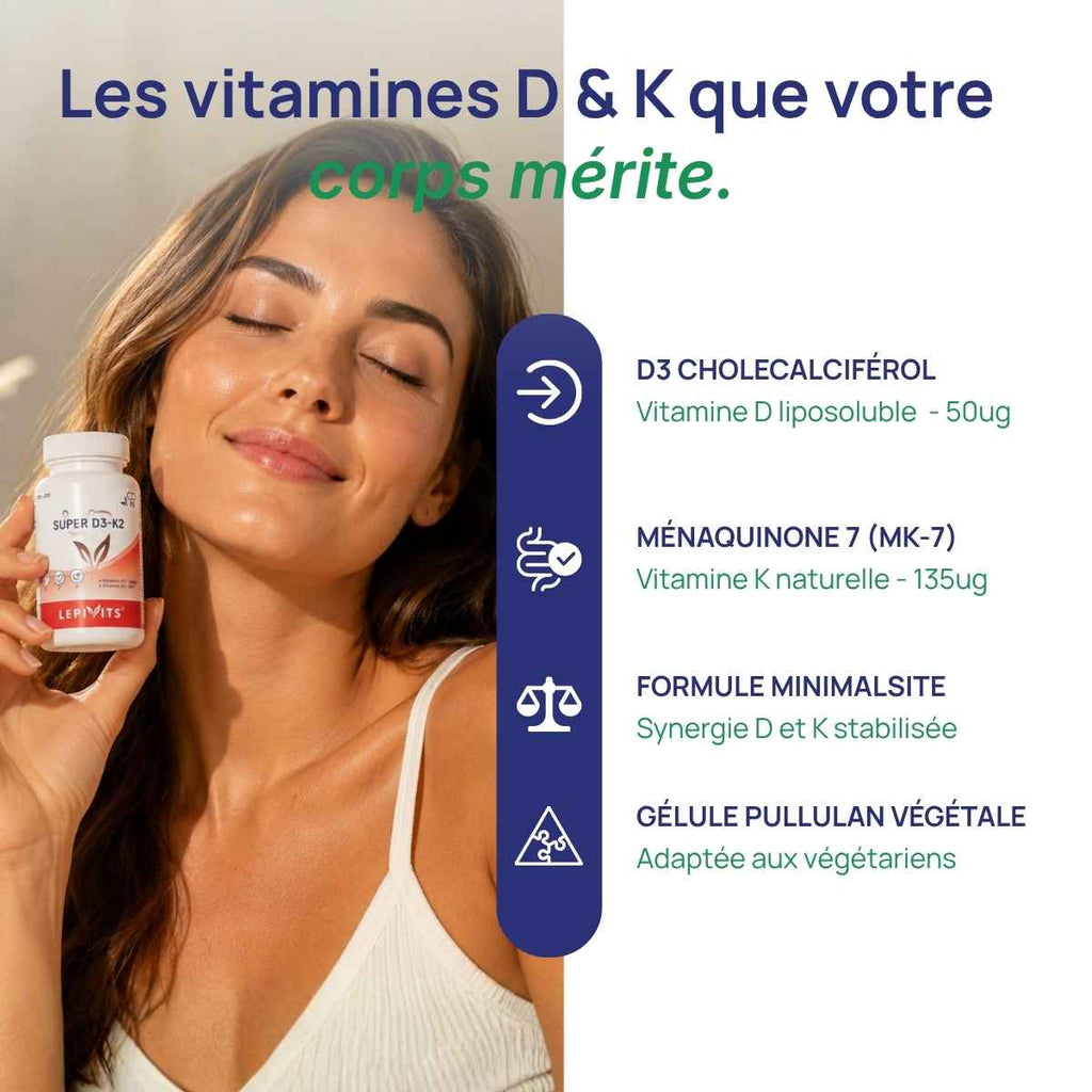 Femme tenant le flacon Super D3+K2 Lepivits contre elle.