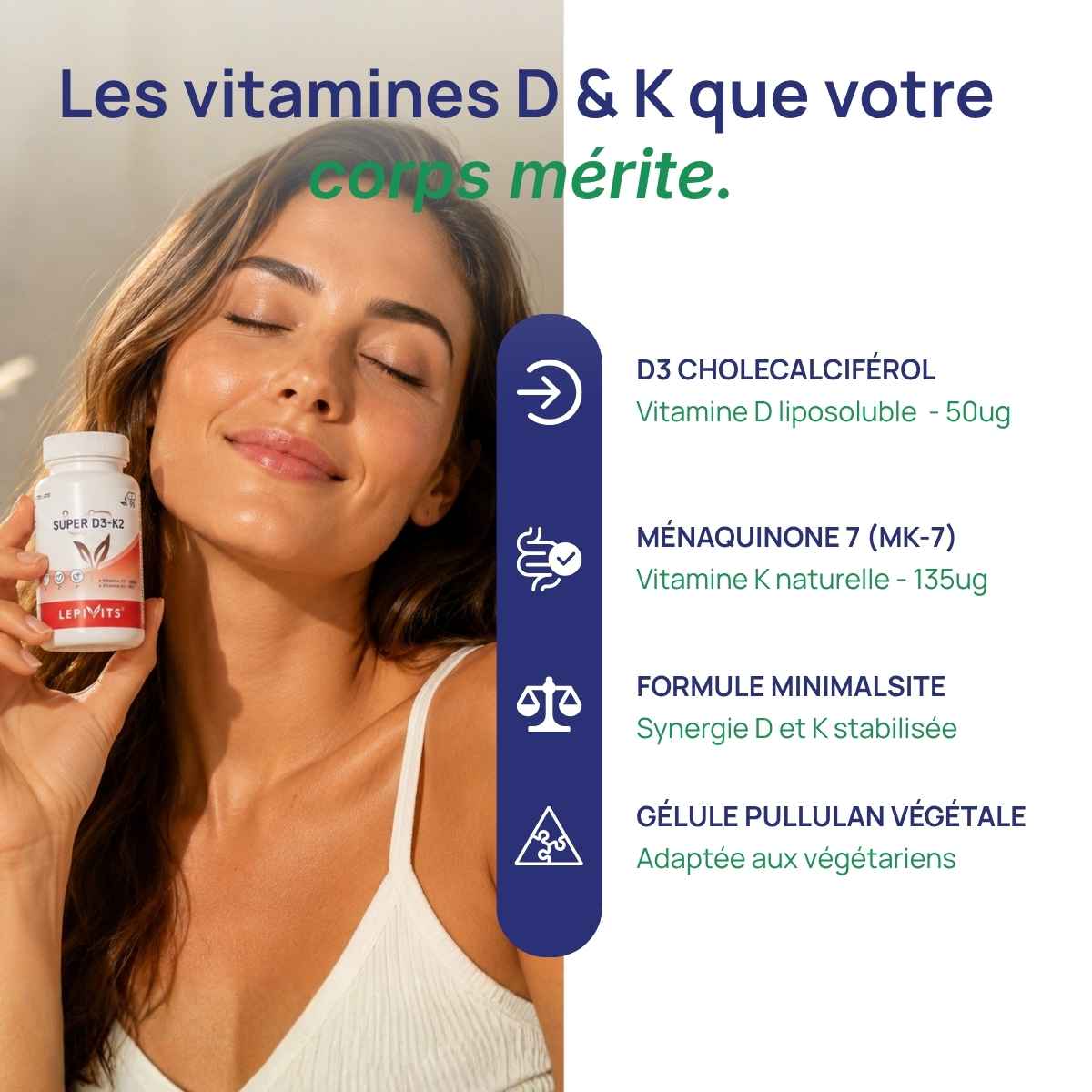 Femme tenant le flacon Super D3+K2 Lepivits contre elle.