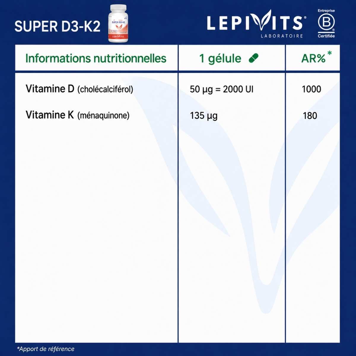 Tableau des informations nutritionnelles Super D3+K2 Lepivits : vitamine D et vitamine K par gélule.