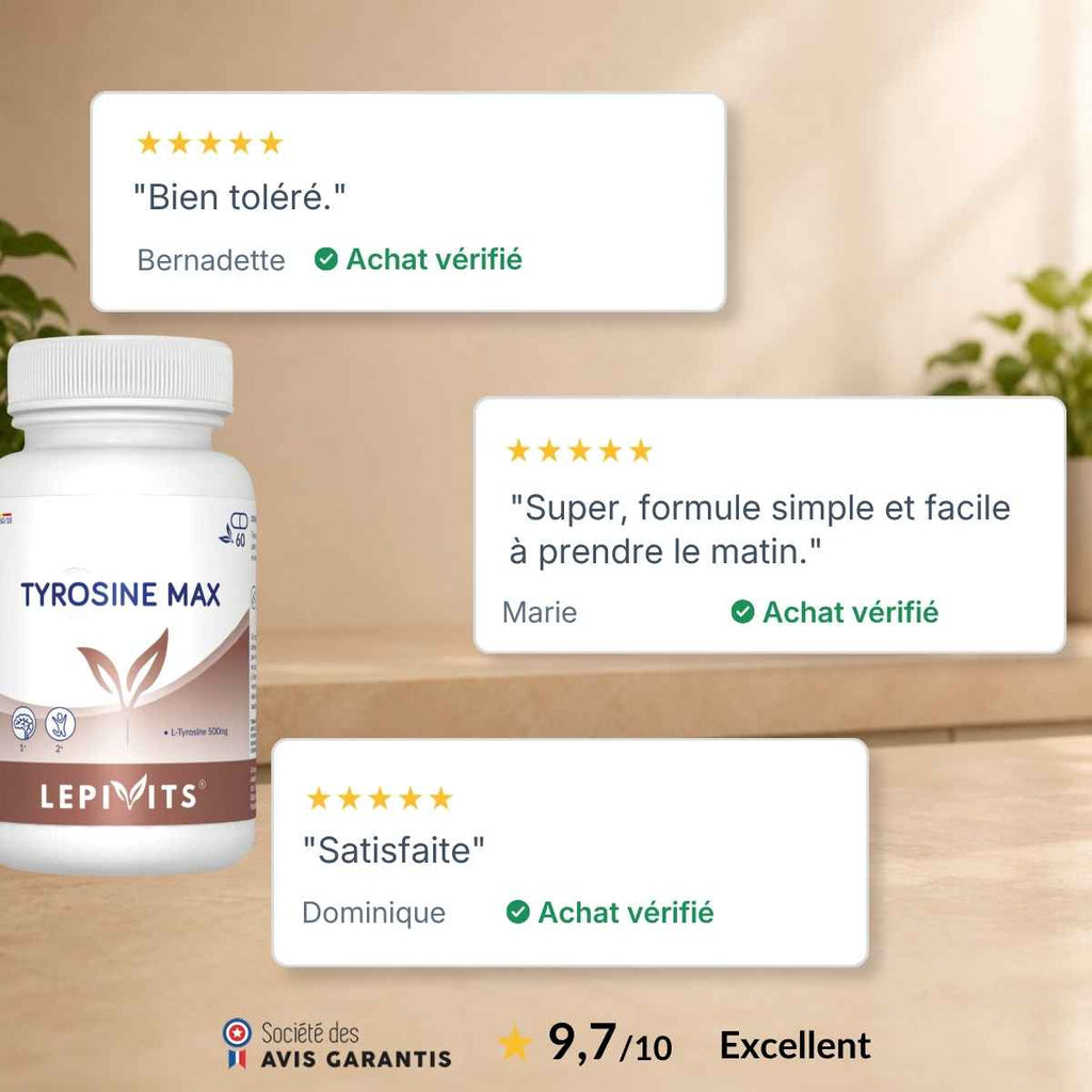 Flacon Tyrosine Max Lepivits entouré d'avis clients vérifiés 5 étoiles, note globale 9,7/10.