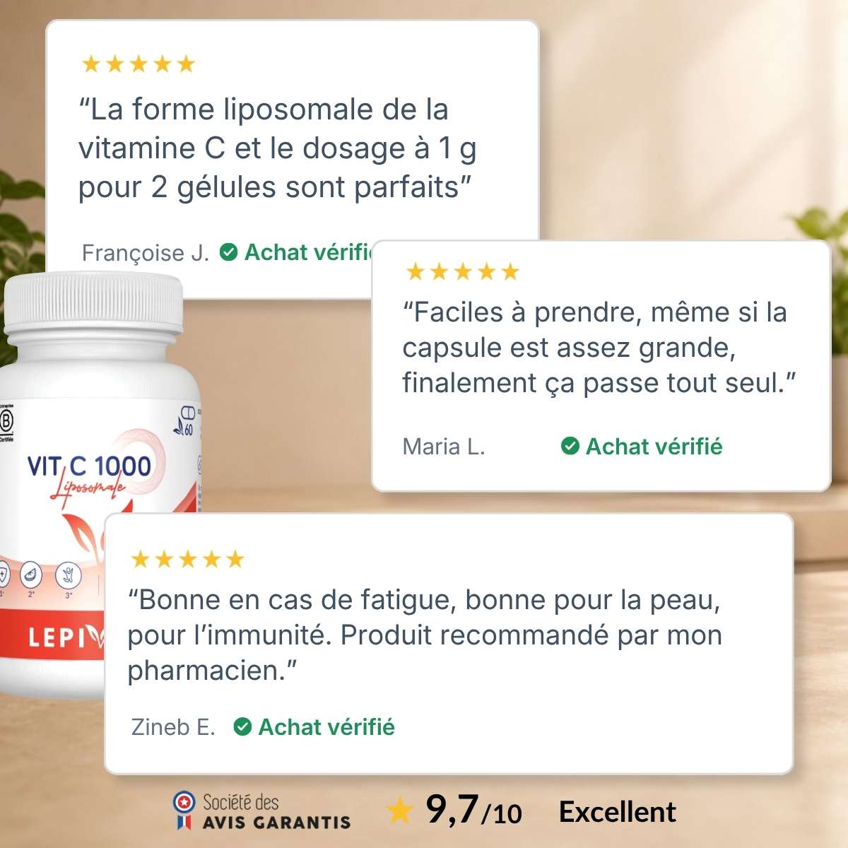 Flacon Vit C 1000 liposomale Lepivits entouré d'avis clients vérifiés 5 étoiles, note globale 9,7/10 sur la qualité de la vitamine C.