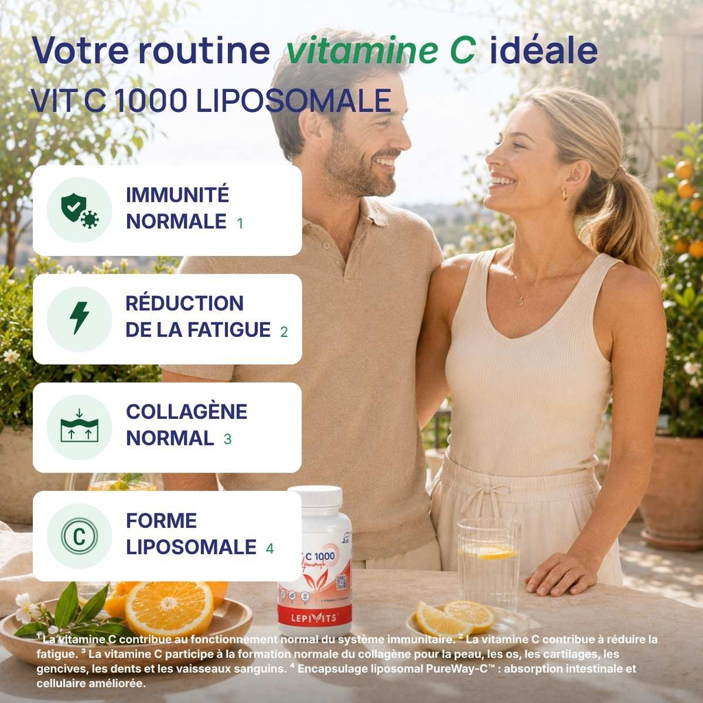 Vit C 1000 liposomale Lepivits : 4 bienfaits de la vitamine C (fatigue, immunité, collagène normal, forme liposomale).