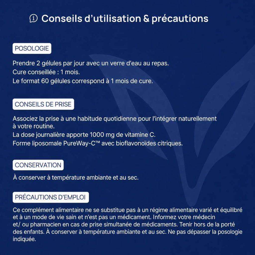 Conseils d'utilisation et précautions Vit C 1000 liposomale Lepivits : posologie, précaution, conservation et mises en garde.