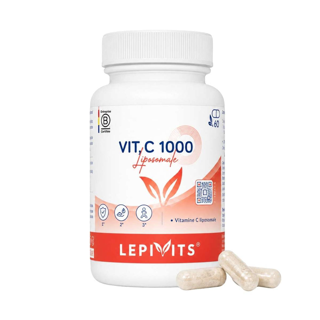 Vue de face du flacon Vit C 1000 liposomale Lepivits 60 gélules sur fond blanc, avec trois capsules posées devant.