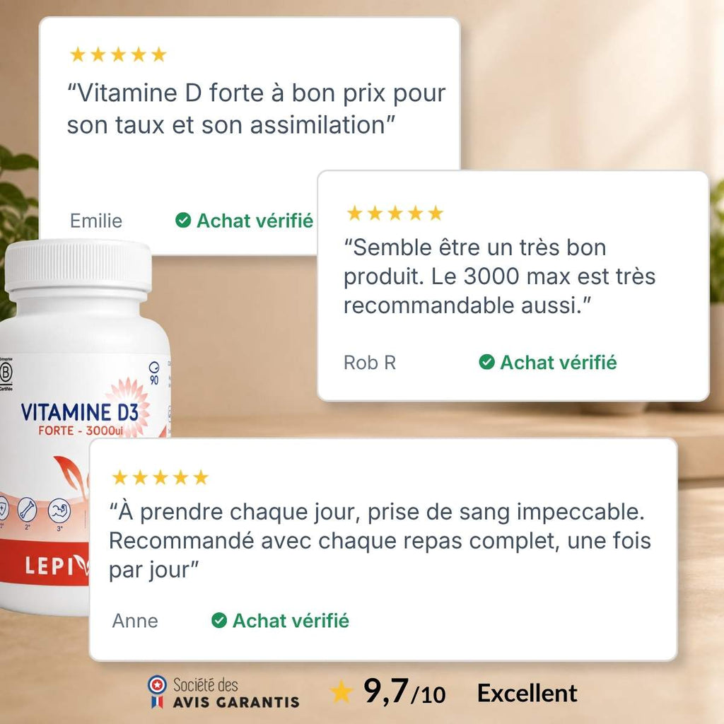 Flacon Vitamine D3 Forte 3000UI Lepivits entouré d'avis clients vérifiés 5 étoiles, note globale 9,7/10 sur la qualité de la vitamine D.