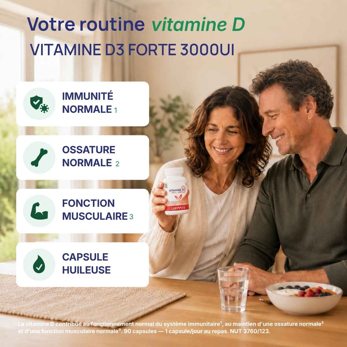 Vitamine D3 Forte 3000UI Lepivits : 4 bienfaits de la vitamine D (immunité, ossature, muscles, capsule huileuse).