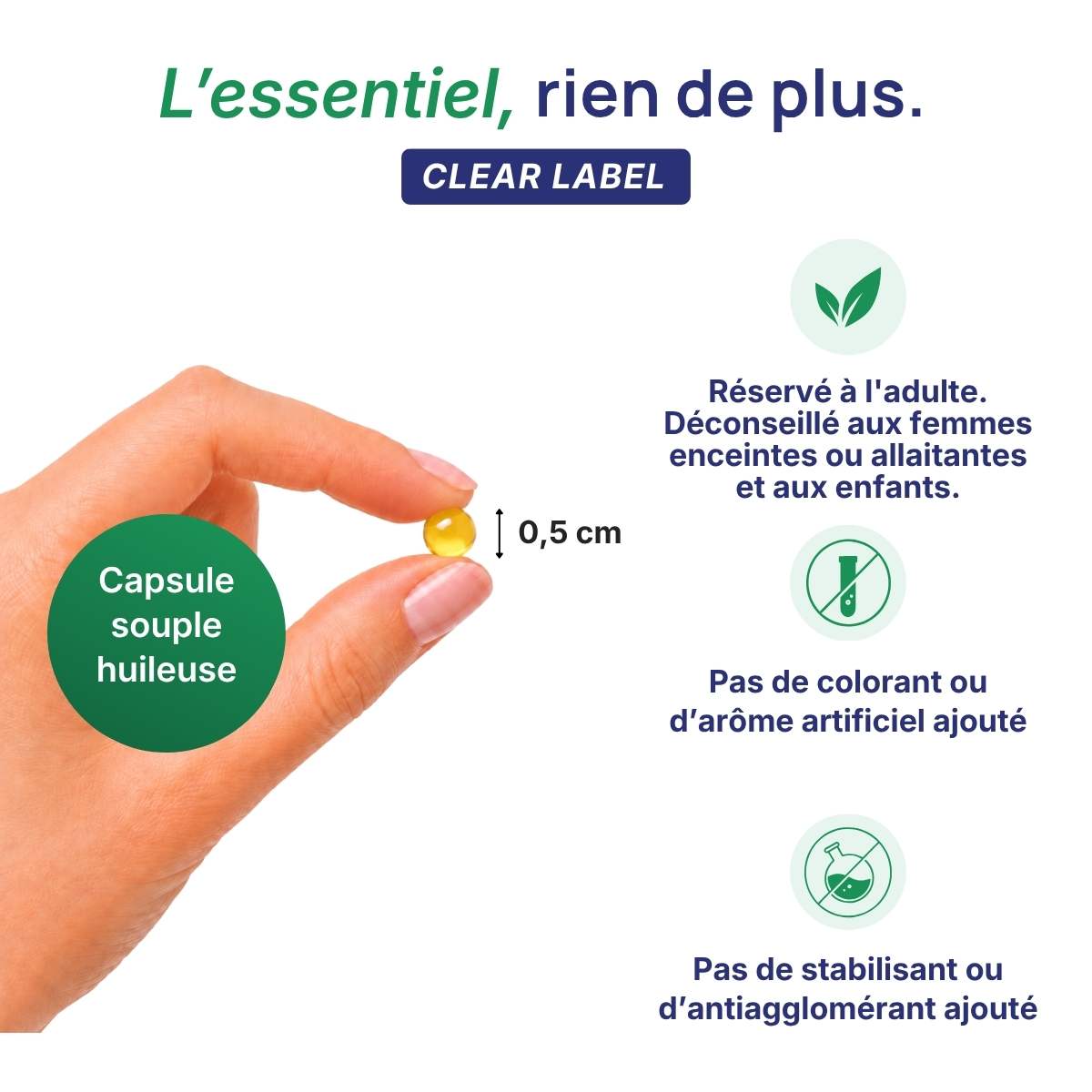 Main tenant une capsule Vitamine D3 Forte 3000UI Lepivits en capsule huileuse de 0,5 cm.