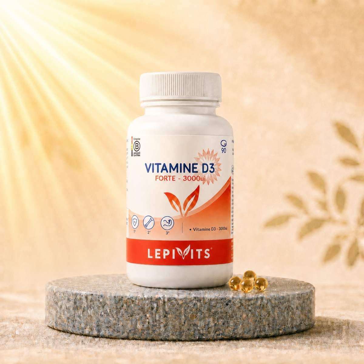 Flacon de Vitamine D3 Forte 3000UI Lepivits, complément de vitamine D