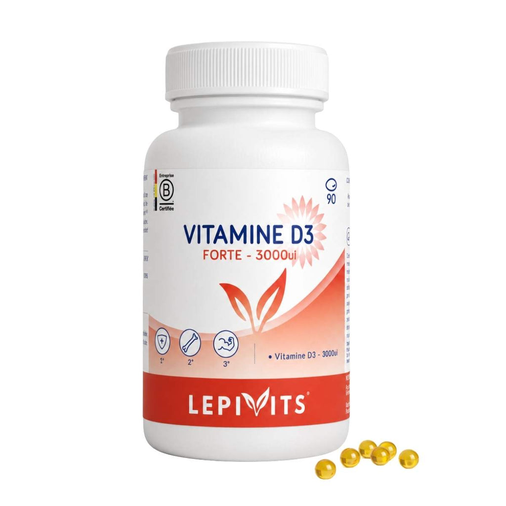 Vue de face du flacon Vitamine D3 Forte 3000UI Lepivits 90 capsules sur fond blanc.