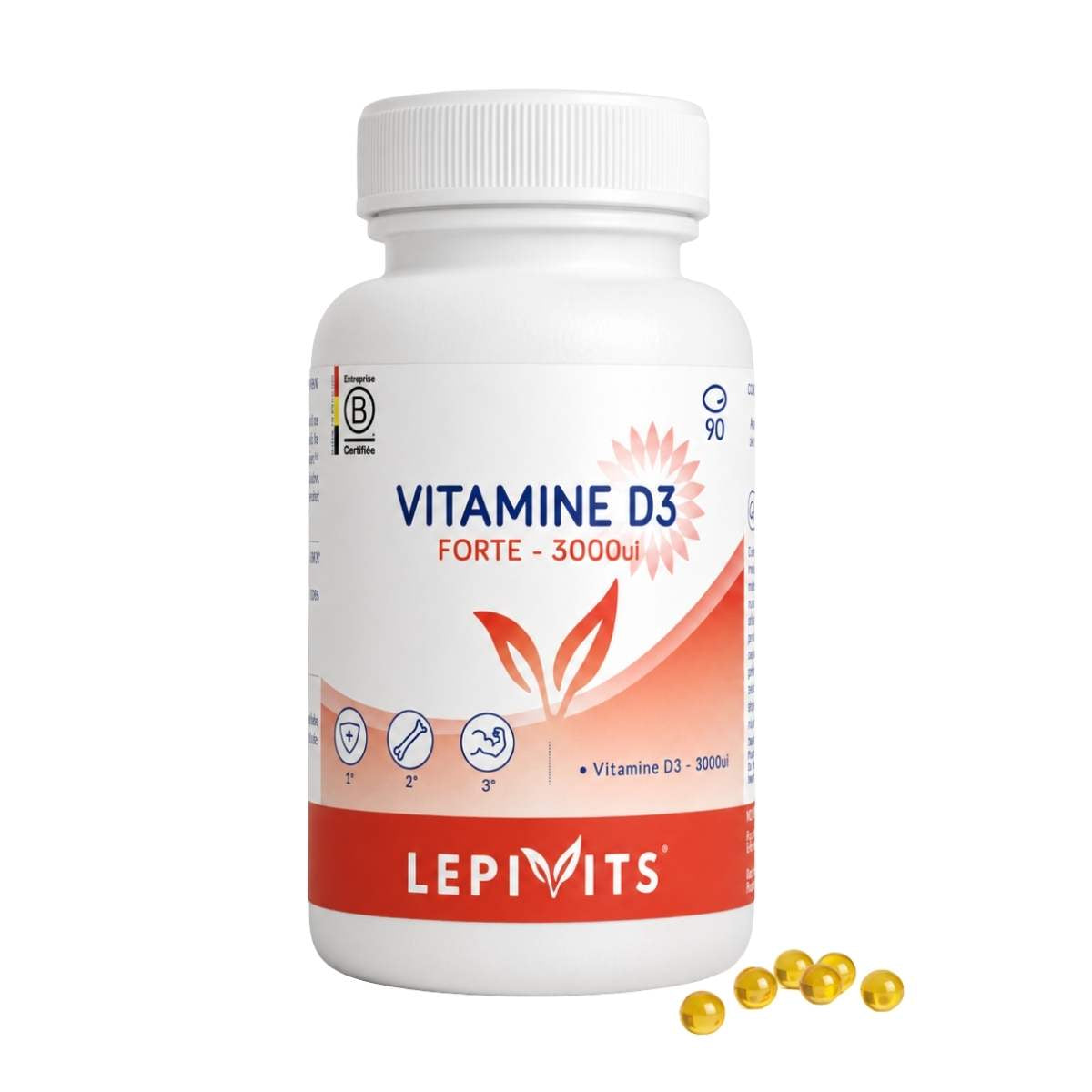 Vue de face du flacon Vitamine D3 Forte 3000UI Lepivits 90 capsules sur fond blanc.