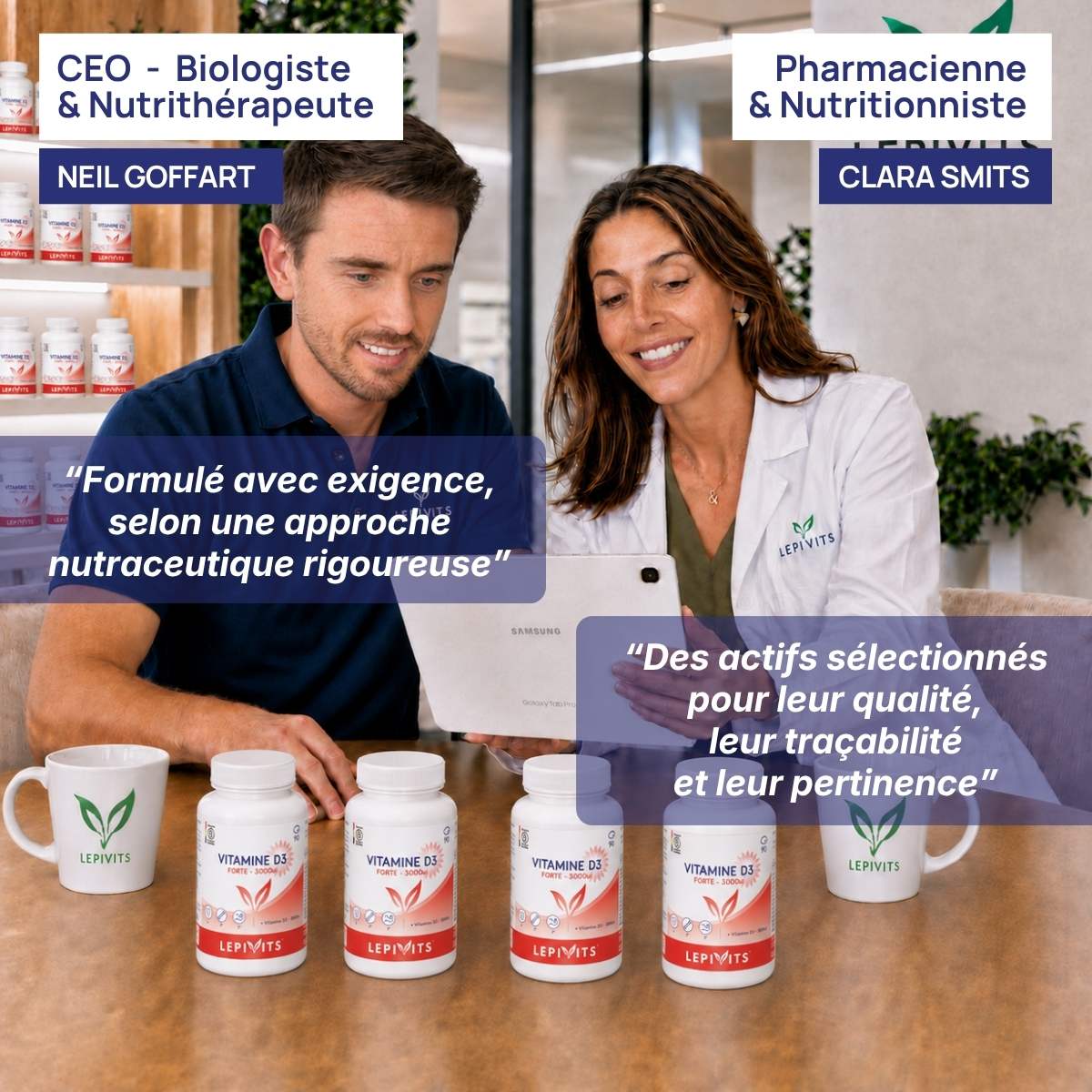 Biologiste et pharmacienne nutritionniste examinent plusieurs flacons de Vitamine D3 Forte 3000UI Lepivits, formule validée en laboratoire.