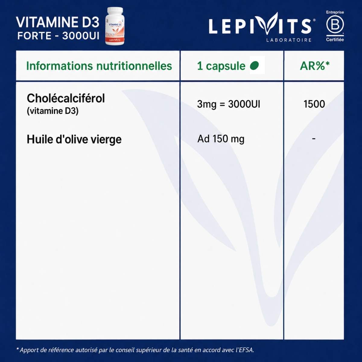 Tableau des informations nutritionnelles Vitamine D3 Forte 3000UI Lepivits : 3000 UI, huile d'olive vierge.