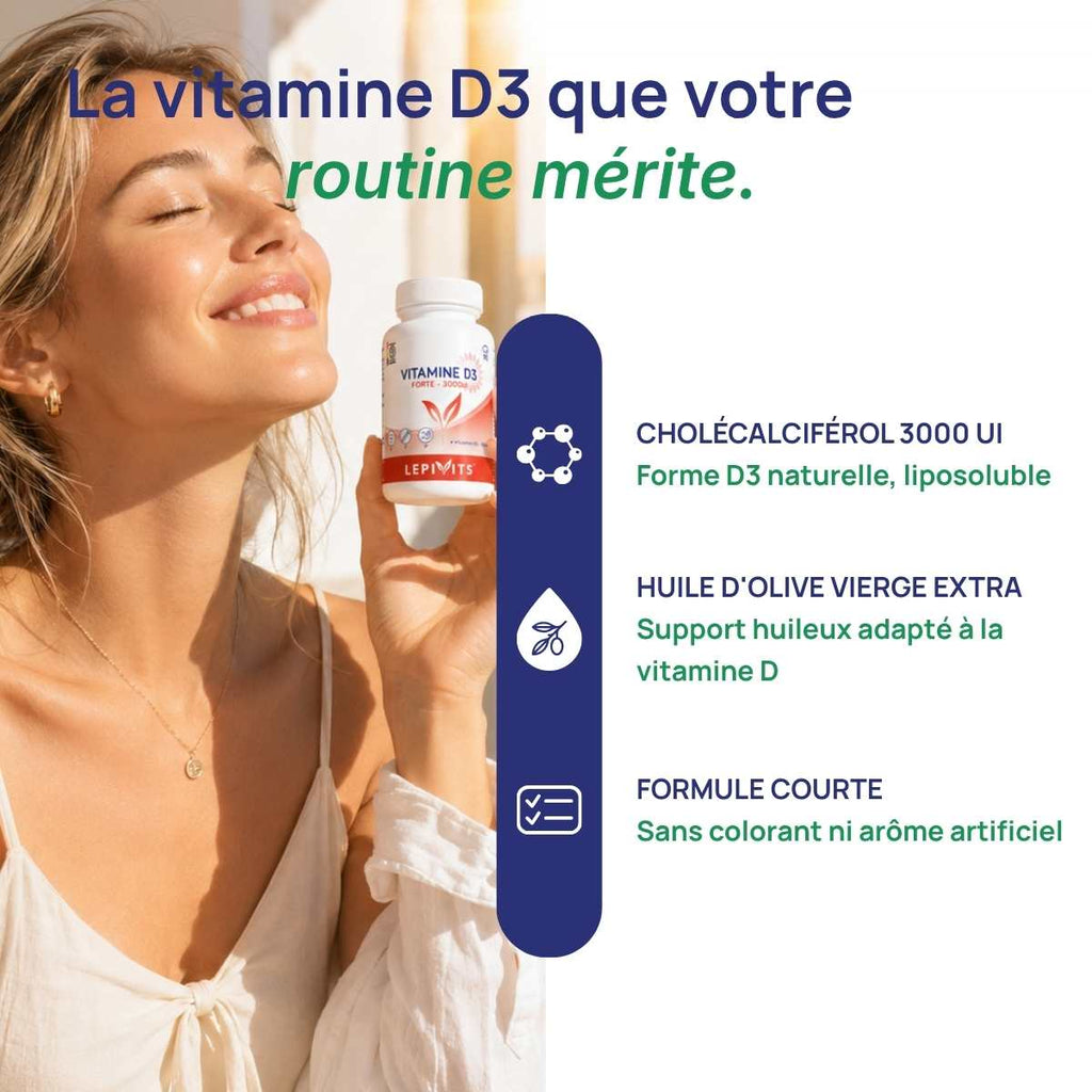 Femme tenant le flacon Vitamine D3 Forte 3000UI Lepivits contre son visage, illustrant de la vitamine D