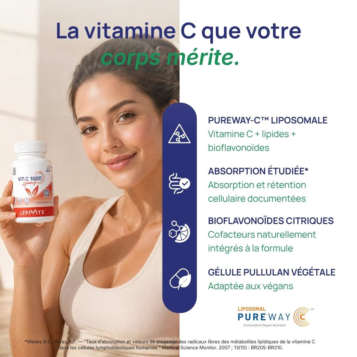 Femme tenant le flacon Vit C 1000 liposomale Lepivits près d'elle.