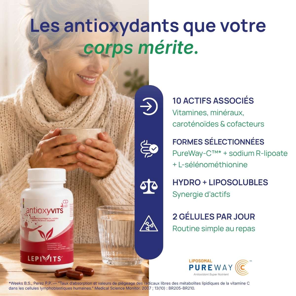 Femme avec le flacon Antioxyvits Lepivits près d'elle