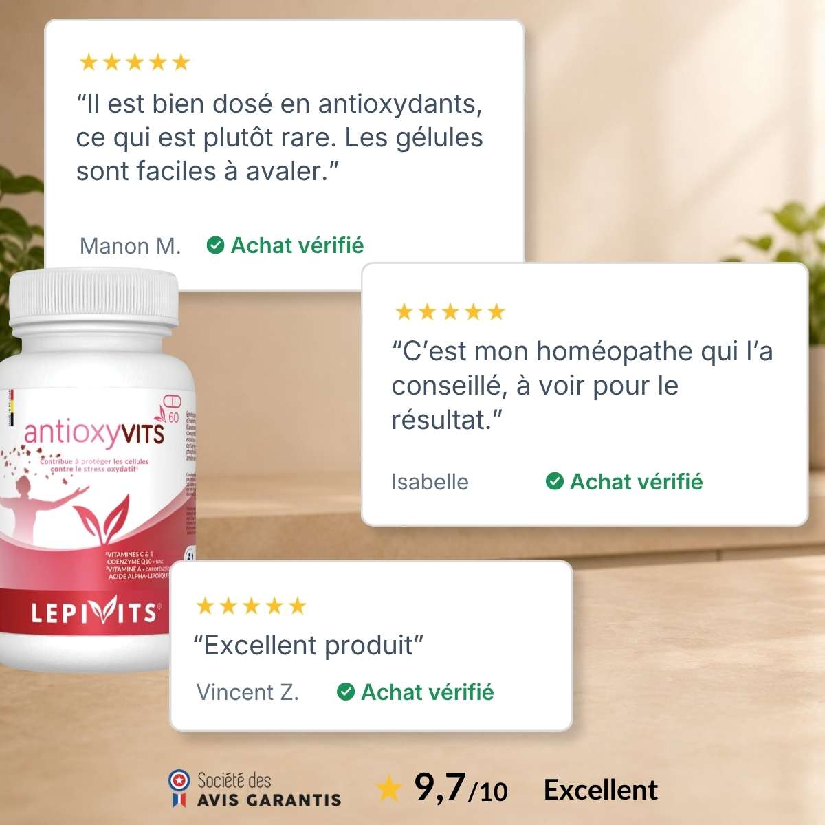 Flacon Antioxyvits Lepivits entouré d'avis clients vérifiés 5 étoiles, note globale 9,7/10.