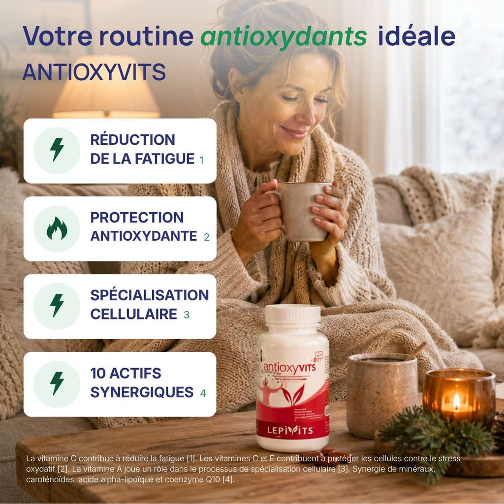 Antioxyvits Lepivits : 4 bienfaits (réduction fatigue, protection antioxydante, spécialisation cellulaire, 1à actifs synergiques).