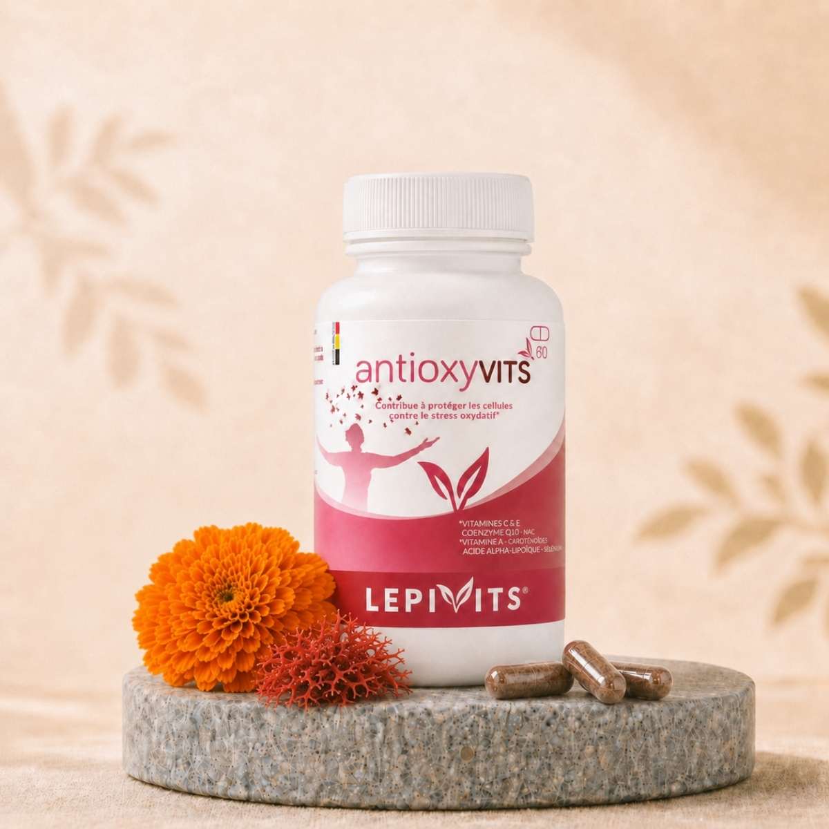 Flacon de Antioxyvits Lepivits, complément Antioxyvits – Caroténoïdes, Q10 & R-lipoate avec gélules végétales pullulan.